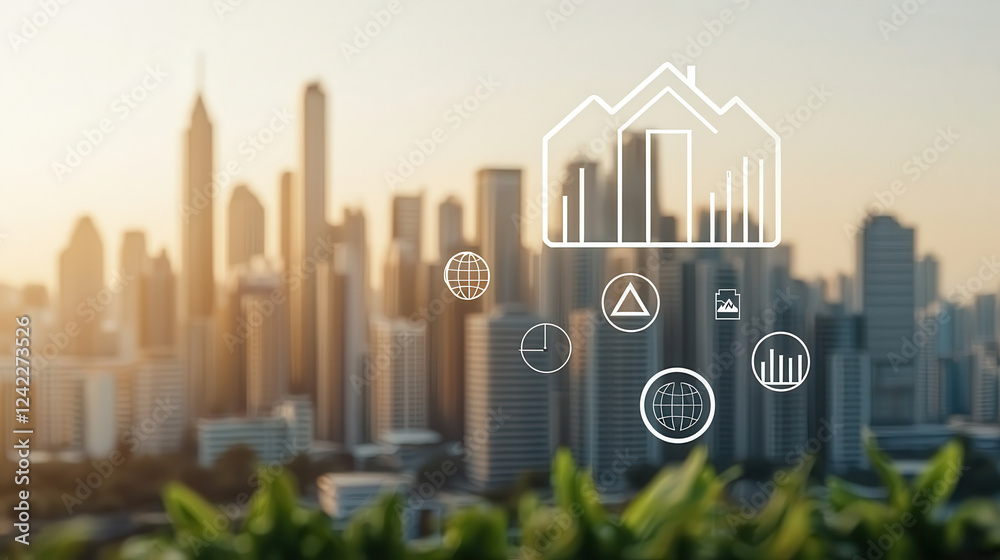 Poster Futuristic urban development with ESG themed graphics and city skyline. image showcases blend of modern architecture and sustainability concepts, reflecting growth and innovation