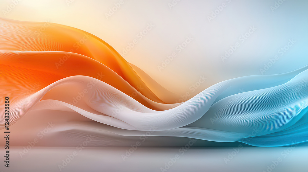 Poster futuristic wavy lines in orange, white, and blue create smooth gradient effect. design evokes sense 