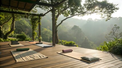 Fototapeta premium Serene Yoga Deck in Tropical Forest Sunrise View Outdoor Meditation Mats