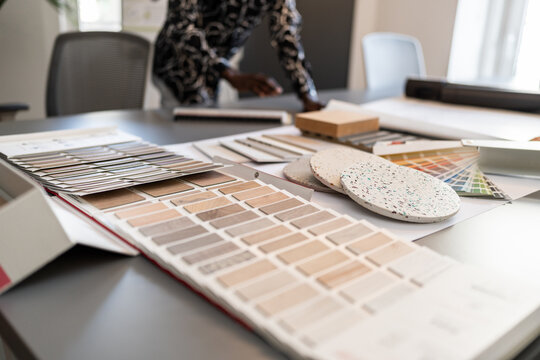 Architect choosing material samples for interior design project