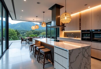 洗練されたオープンコンセプトキッチン：大理石のアイランド、ビルトインシート、スマート家電、統合されたキャビネット、床から天井までのガラスの壁、熱帯の山の景色、ペンダントライト、オーガニックデザイン、モダンなキッチン。
