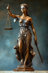 Obraz premium Lady Justice statue holding scales stands tall against blurred textured backdrop
