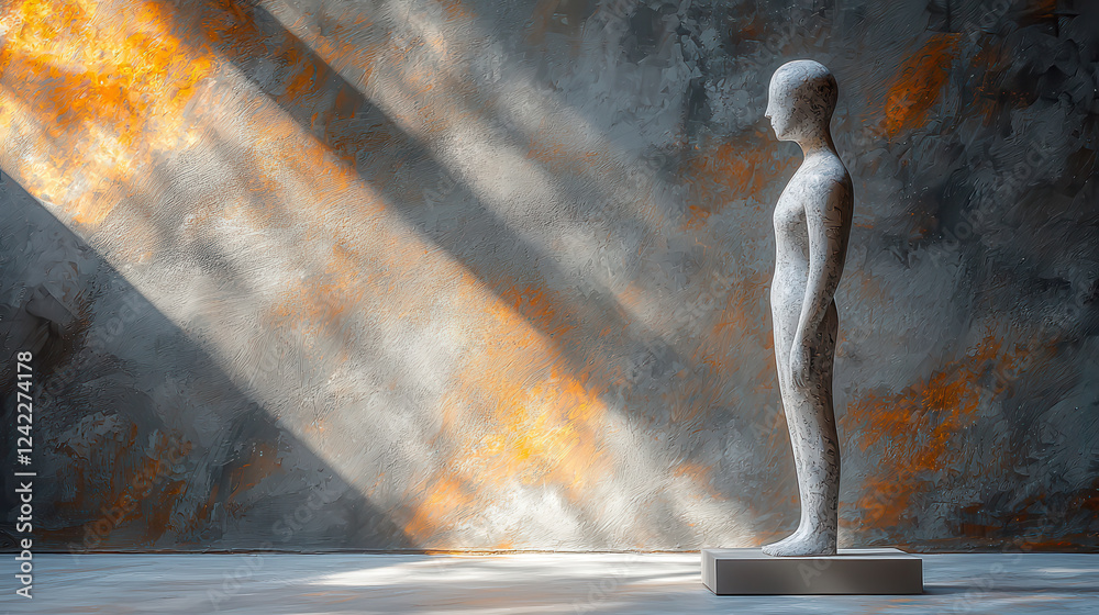 Poster minimalist sculpture stands against textured gray wall, illuminated by soft light. serene atmosphere evokes contemplation and artistic expression