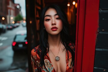 Fototapeta premium Young woman in a floral blouse and necklace, posing confidently on a city street during the evening