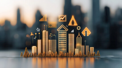 Urban landscape showcasing digital city elements and data visualization, representing modern architecture and technology integration. scene evokes innovation and sustainability