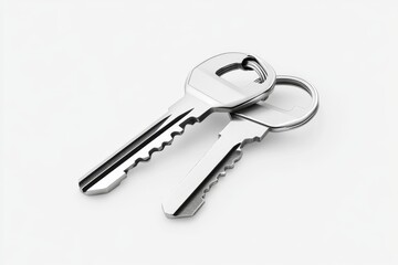 Two silver keys, keyring, white background, studio shot, real estate