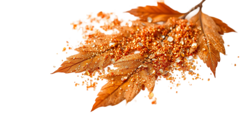 A digital painting of delicate platinum glitter droplets scattered on a white background, featuring warm autumnal colors, earthy and cozy aesthetic on  transparent PNG