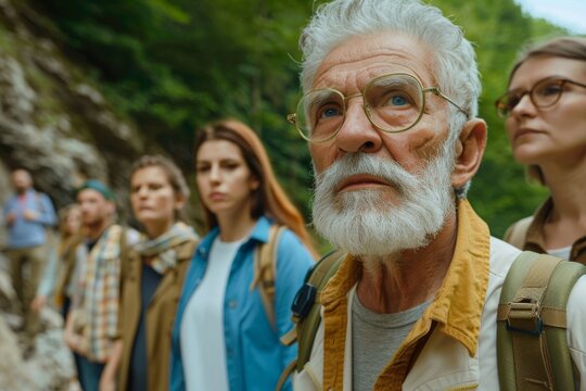 Senior man with a white beard on the background of a group of hikers