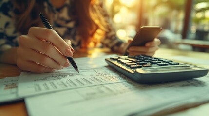 Woman calculates finances outdoors, uses phone; sunlit bokeh background, for accounting