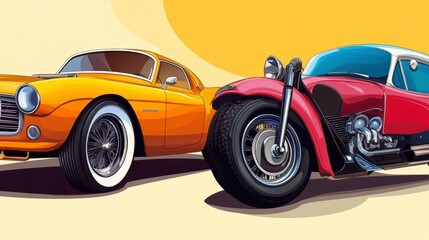 Naklejka premium Retro Style Vintage Cars and Motorcycle Illustration for Decor