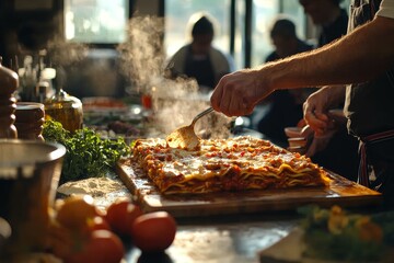 Chef prepares lasagna in busy kitchen