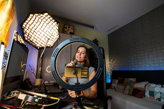 Mature woman recording a social media  podcast