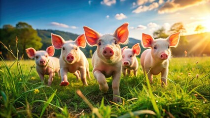 Adorable Vegan Piglets in Fashion Photography - Cute Piglets, Farm Animals, Sustainable Living, Plant-Based Lifestyle, Wide Angle Shot, Nature, Pet