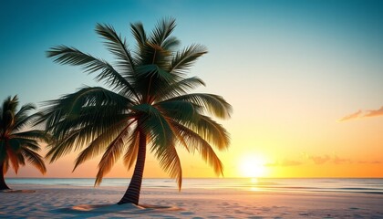 Tropical Beach Sunset with Palm Tree Silhouette