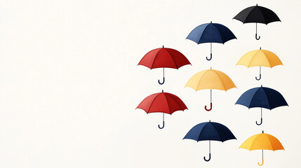 Colorful collection of umbrellas in various styles arranged artistically against a soft beige background for creative design and decoration purposes.