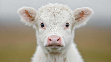 Fototapeta premium Fluffy white baby calf looks directly at the camera in a soft-focus outdoor pasture during daytime.