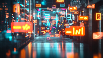 Obraz premium Vibrant neon-lit street in a bustling city at night, with glowing digital billboards reflecting onto wet pavement, creating an immersive cyberpunk atmosphere