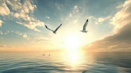 Fototapeta premium Serene Sunrise Over Calm Ocean with Seagulls in Flight
