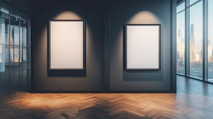 Two blank frames on dark wall in modern office with city view.
