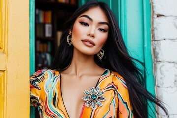 Naklejka premium Portrait of a stylish woman wearing a colorful floral dress, featuring bold patterns, standing near a vibrant green door with sunlight filtering through