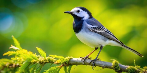 Obraz premium Aerial View of White Wagtail on Branch in Poland - Stunning Bird Photography of Motacilla alba in Natural Habitat with Lush Greenery and Serene Landscape