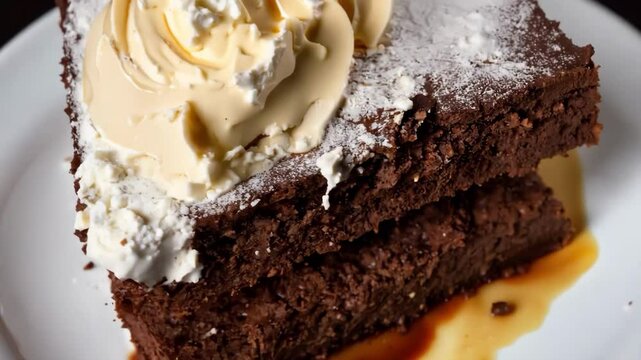 A plate of chocolate cake with a white frosting on top. The cake is cut into two pieces and has a white powdered topping