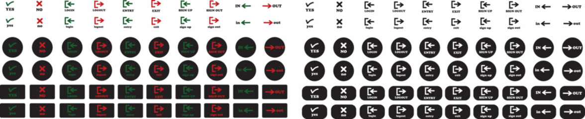 Login and logout icon set Set of sign out, Sign in vector vector collection. Open and close door symbol. Black in, out, exit and enter arrow, trendy flat style isolated on transparent background.