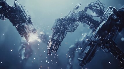 Robotic arms are welding and assembling parts in an advanced, automated factory, showcasing the potential of innovative manufacturing technologies for increased efficiency and precision