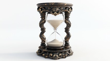 Ornate hourglass, sand falling, white background, time concept, website banner