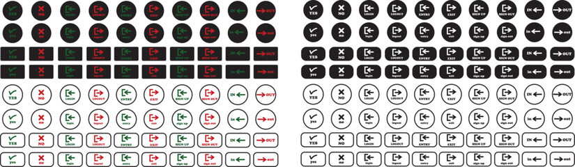Login and logout icon set Set of sign out, Sign in vector vector collection. Open and close door symbol. Black in, out, exit and enter arrow, trendy flat style isolated on transparent background.