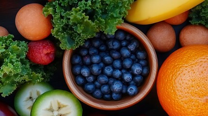 Fresh assortment of colorful fruits and vegetables arranged aesthetically on a wooden surface