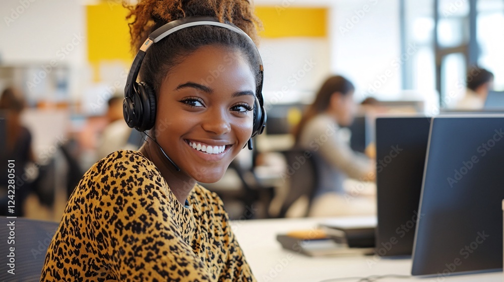 Poster Customer service representative smiling while working in busy call center