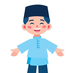 Happy smiling muslim kid open arm pose welcome gesture flat design