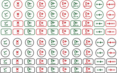 Login and logout icon set Set of sign out, Sign in vector vector collection. Open and close door symbol. Black in, out, exit and enter arrow, trendy flat style isolated on transparent background.