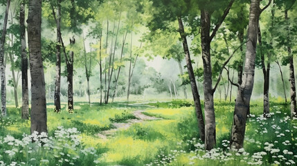 Obraz premium Looking at the wide green field in the warm summer