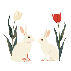 Obraz premium Rabbits squat with tulips art illustration animal vector
