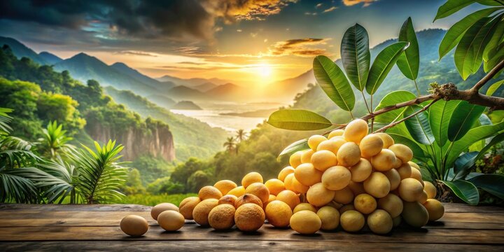 Captivating Double Exposure of Tropical Dokong Fruit: Sweet Lanzones with Translucent Flesh and Lush Southeast Asian Background