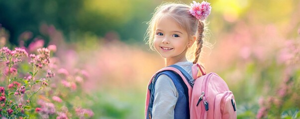 Smiling schoolgirl with backpack posing in blooming garden