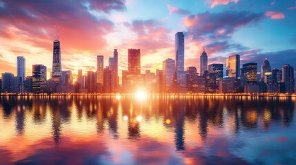 Obraz premium Vibrant city skyline reflecting in calm water at sunset.