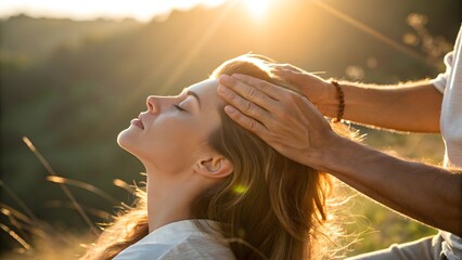 Woman Receiving Relaxing Head Massage Outdoors at Golden Hour