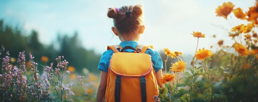 Little girl with backpack walking on a path surrounded by flowers