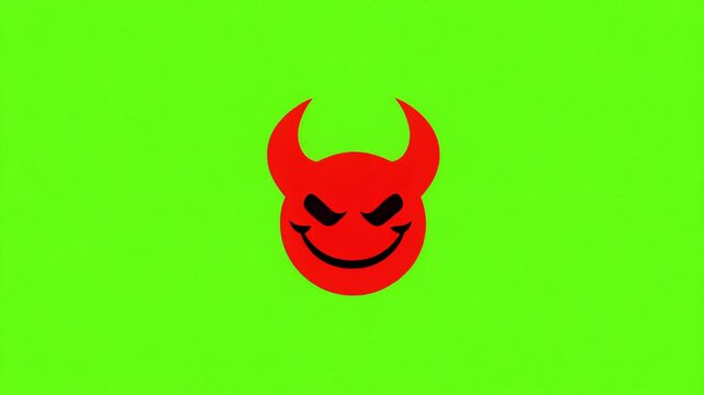 Bright red devil face with horns, black mischievous eyes, and smile, animated on a vivid green screen background.
