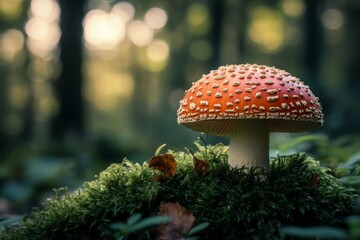 Red mushroom forest moss sunlight autumn nature