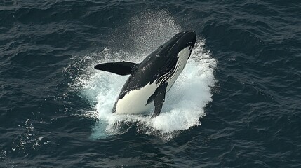 Naklejka premium Orca breaching, splashing water, ocean wildlife.