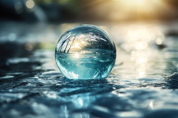 Crystal ball reflecting sunset forest, icy surface