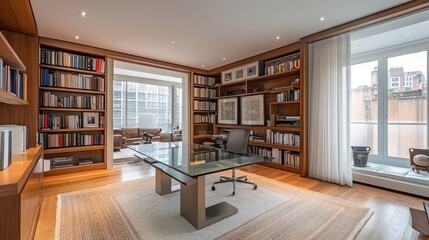 Luxurious home office with glass desk, built-in bookshelves, and city view.