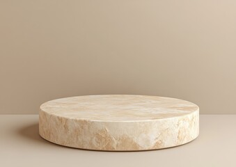 Beige marble round pedestal on beige background.