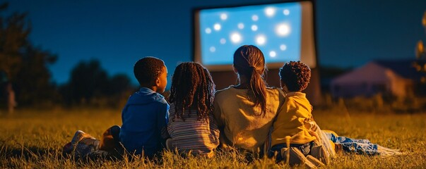 Family watching movie on backyard movie screen at night