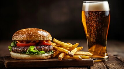 Hamburger, french fries and beer on wood table with dark background.