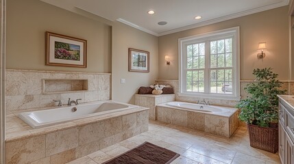 Fototapeta premium Luxurious master bathroom with two soaking tubs, beige tile, and large window.